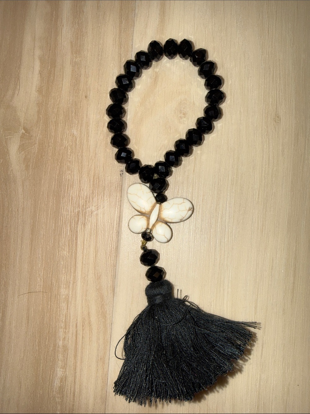 Black Beaded Bracelet with White Butterfly Charm and Tassel - Women Jewelry